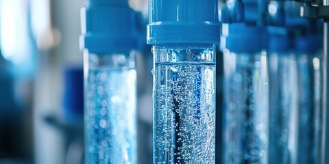 The image shows clear tubes filled with water and bubbles, likely part of a laboratory setup for filtration or purification processes.