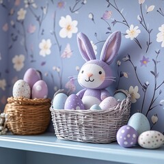Easter decorations, children's toy rabbit, Easter eggs, lilac interior