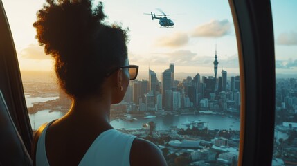 Lottery jackpot winner enjoying an exclusive helicopter tour over a famous landmark. Featuring adventure and luxury