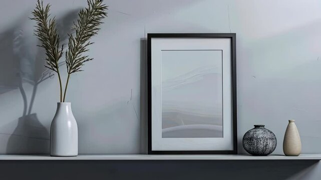 Stylish arrangement of decorative vases and framed art placed on a sleek wall shelf showcases modern interior design
