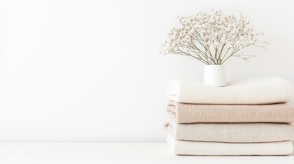 Soft, neutral-toned linens are beautifully stacked, accompanied by a simple vase holding delicate flowers, creating a calming and inviting atmosphere