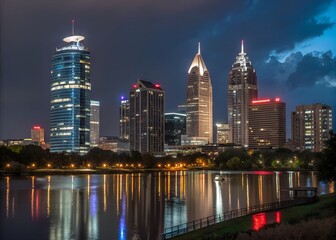 Naklejka premium A night-time shot of a famous landmark with lights shining brightly