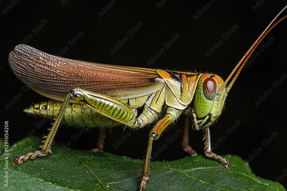 Poster A close-up view of a grasshopper sitting on a leaf, ideal for use in nature or science related images