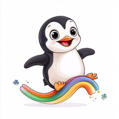 Obraz premium cheerful penguin sliding on colorful rainbow, spreading joy and fun