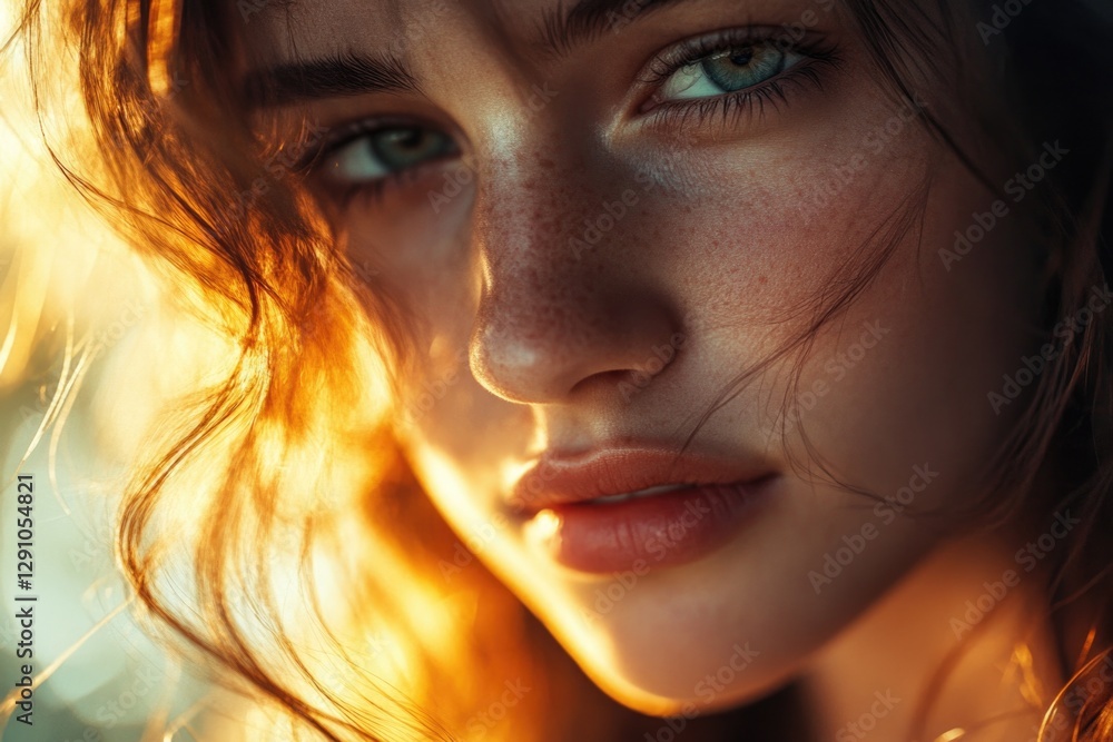 Poster a close-up shot of a woman's face with visible freckles, great for personal or editorial use