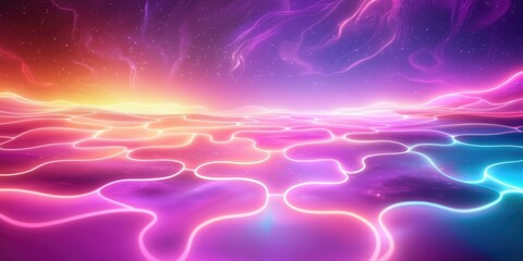 Obraz premium A vibrant, abstract landscape featuring luminous waves of pink and purple light against a colorful horizon.