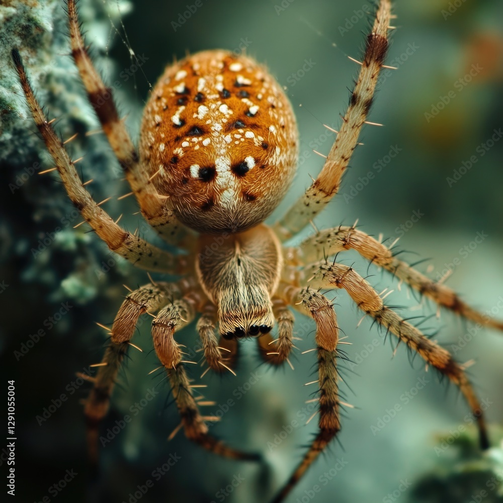 Poster a close-up shot of a spider sitting on a tree branch, highlighting its intricate details