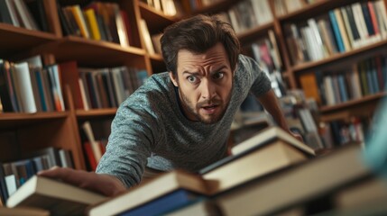Thief alert in a bookstore, employee noticing suspicious customer behavior. Featuring swift response and book security