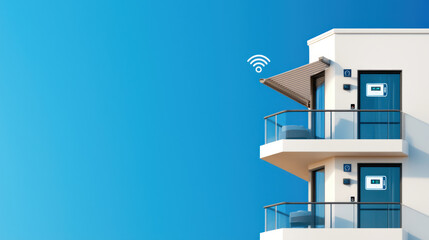 modern balcony featuring smart climate control and wireless connectivity, showcasing sleek design and blue sky