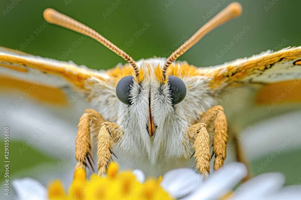 Poster a close-up shot of a butterfly perched on a colorful flower, with intricate details and textures vis