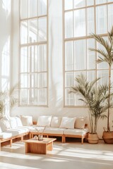 Bright and airy living space with expansive windows allowing sunlight to pour in, furnished with a wooden sofa, natural decor, and indoor plants enhancing comfort