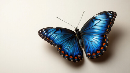 Vibrant Close-Up of a Stunning Blue Butterfly Resting on a Smooth Neutral Surface