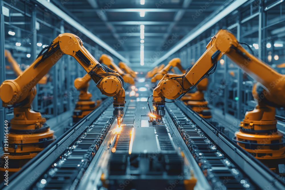 Poster robots assembling products on a conveyor belt in a modern factory environment
