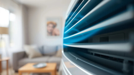 Close-up Air conditioner with blurred living room interior background. Working air conditioner for comfort temperature in home at hot summer, cooling air in the room