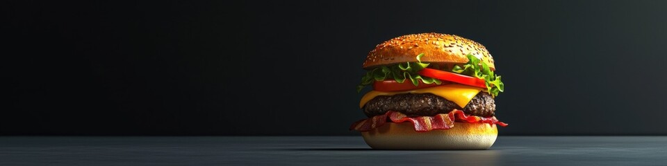 3d background minimalistic mockup with space for text Double Bacon Cheeseburger on Bold Charcoal Gray Background