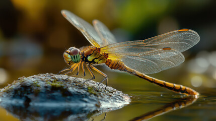 Majestic Dragonfly Perched on Rock by Water Surface with Soft Natural Background in Warm Afternoon Light