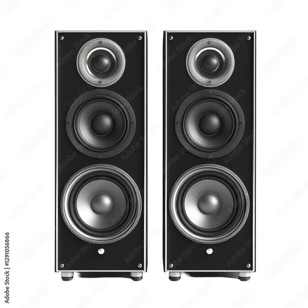 Poster highquality audio loudspeakers rendered from the front view, isolated on a transparent background, a