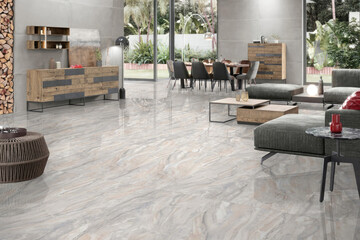 3D Render of Modern Living Room Interior Featuring Glossy Marble Floor, Natural Wooden Furniture, and Contemporary Decor Elements