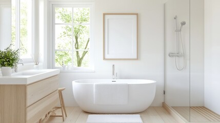 Fototapeta premium Modern bathroom design, bathtub, shower, window view
