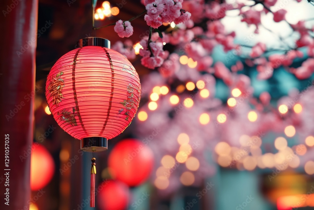 Poster A single red lantern hangs from the side of a pole, providing a warm glow in a dark environment