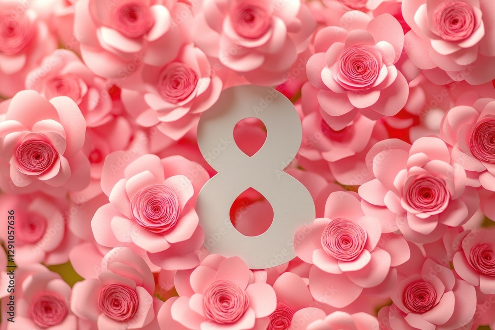 Poster a single digit '8' is surrounded by pink roses, perfect for use in design and decoration projects