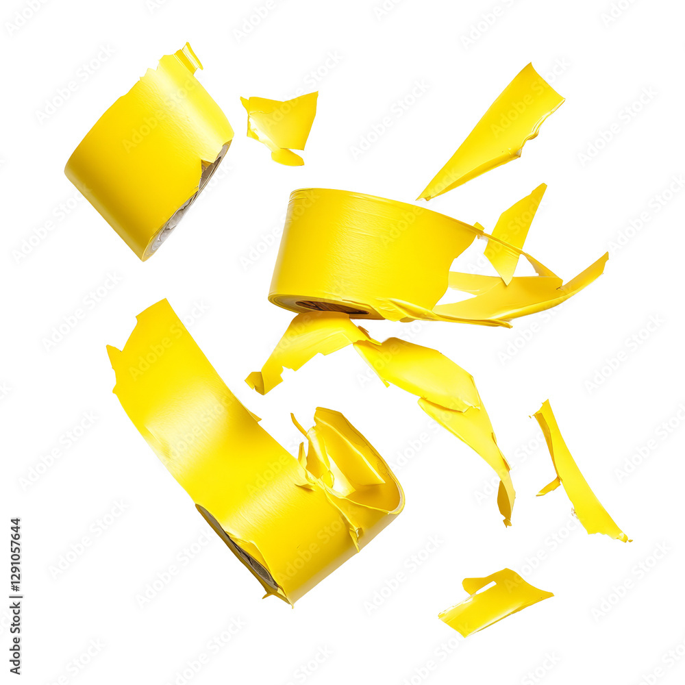 Aufkleber torn yellow tape pieces scattered on a transparent background creating a vibrant and textured compos