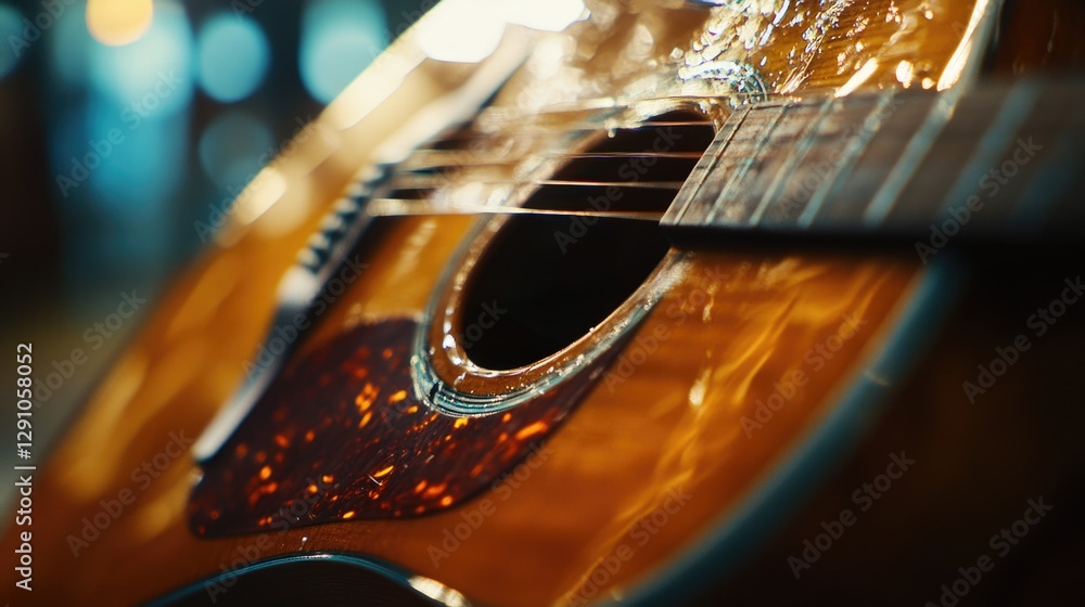 Poster a close-up view of a guitar with a blurred background