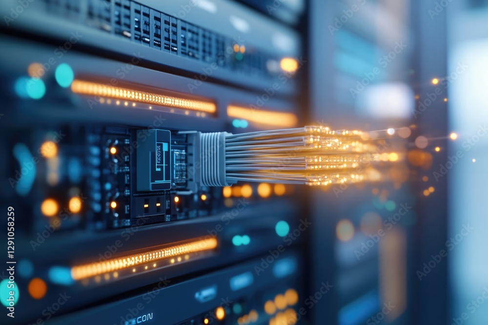 Poster rapid data transfer with fiber optic cables in a high-tech server room technology infrastructure mod