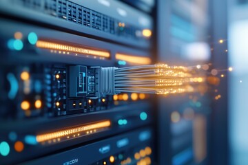Rapid Data Transfer with Fiber Optic Cables in a High-Tech Server Room Technology Infrastructure Modern Environment Close-Up View Connectivity Solutions