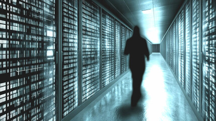 Mysterious Figure Walking Through a Blue Lit Server Room