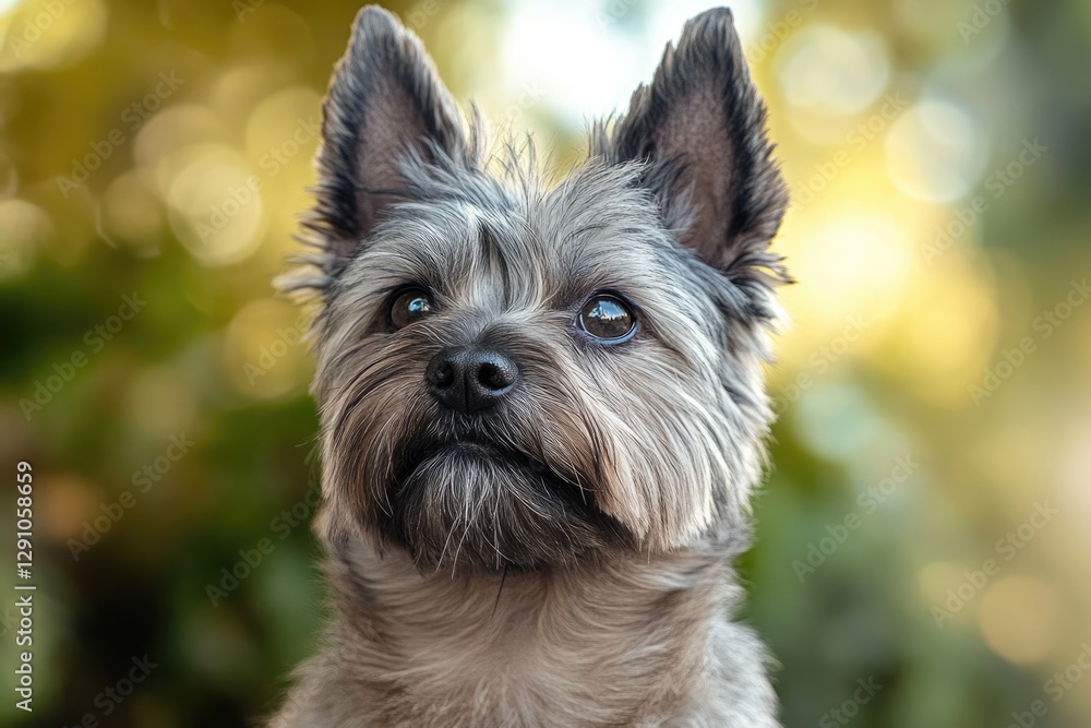 Poster A close-up view of a dog's face with trees in the background, suitable for use in pet-related or outdoor-themed projects