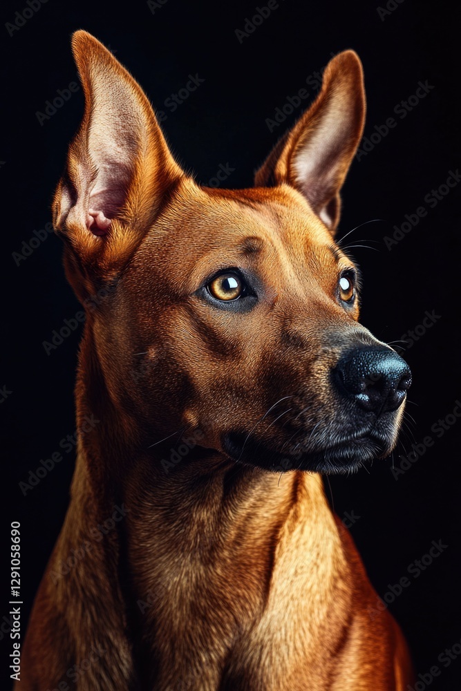 Poster a close-up shot of a dog's face on a dark backdrop, ideal for use in pet-related designs and themes