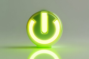 A glowing green power symbol on a reflective surface, set against a soft gradient background.