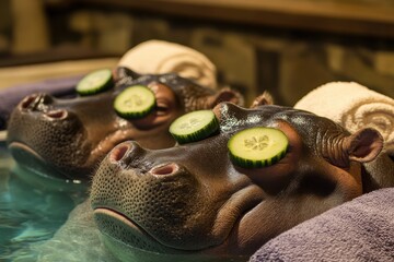 Hippos enjoy a relaxing spa day with massages and cucumber slices in a serene setting