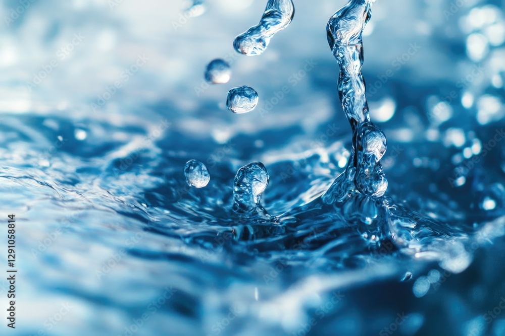 Poster close-up shot of a single water droplet on the surface of a sink, with a brief description and sugge