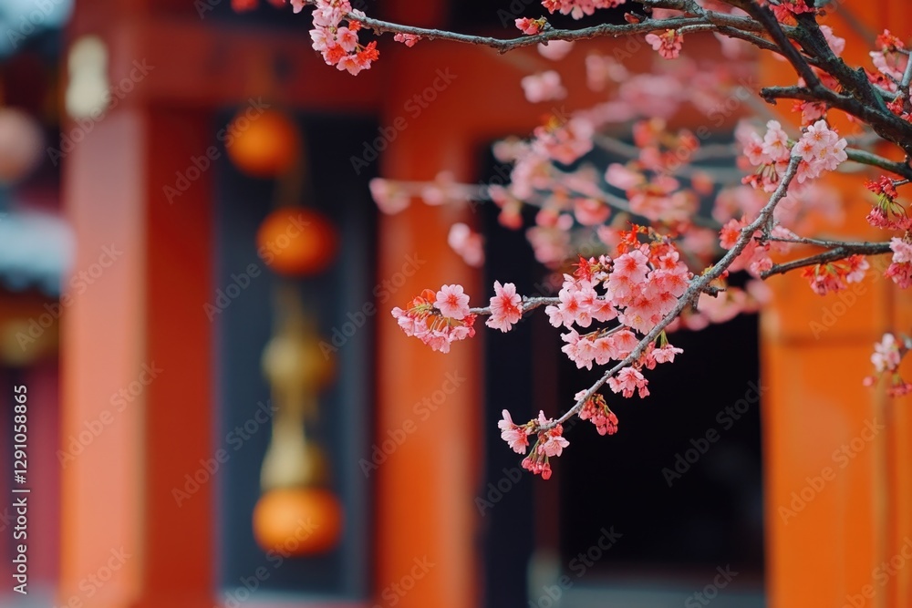Poster A tree with pink flowers stands out in front of a building, perfect for use as a background or to add a pop of color to your design