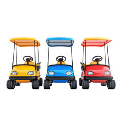 Obraz premium Colorful golf carts lined up for a fun day on the course with bright colors and playful design, Golf Carts on transparent background
