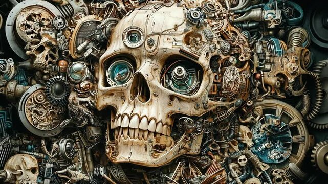 Intricate skull design showcasing mechanical elements and steampunk aesthetics in a detailed artwork display