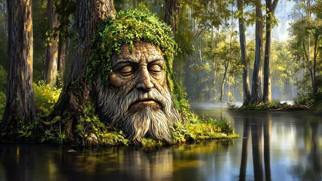 Sculpted face of an ancient spirit resting by a calm forest river during the golden hours of dusk