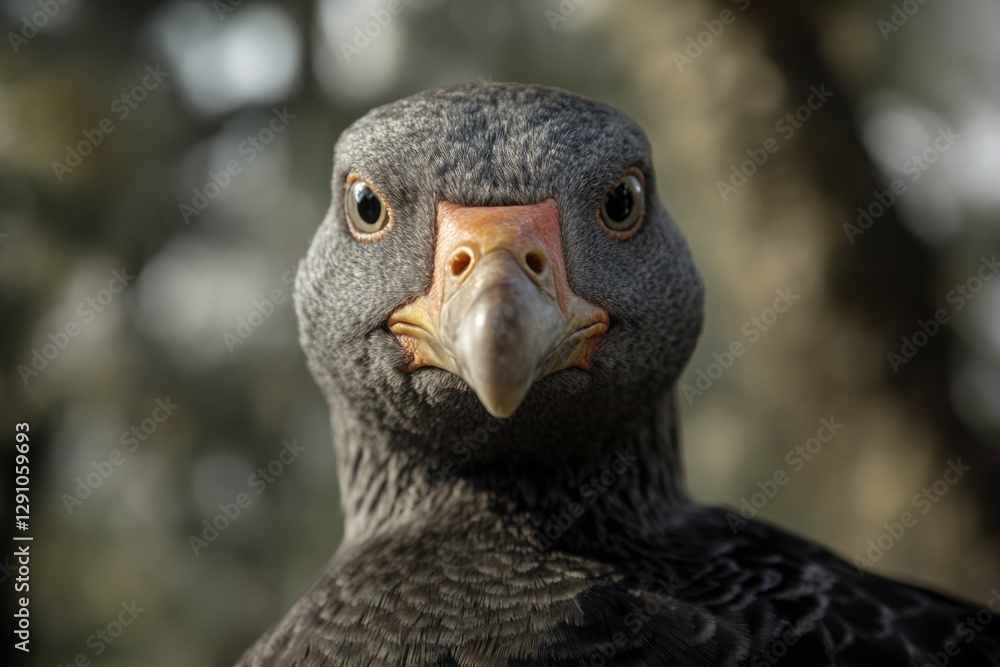 Poster A close-up view of a bird's face with trees in the background, suitable for use in nature or wildlife photography
