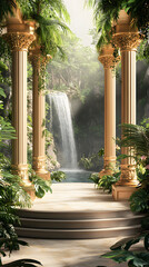 Naklejka premium A podium with golden pillars surrounded by lush greenery and waterfalls 