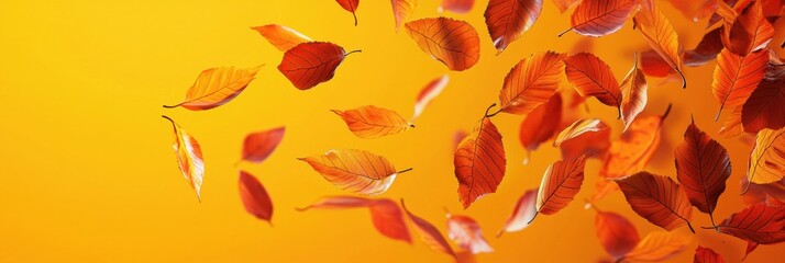 3d background minimalistic mockup with space for text, vibrant autumn leaves in warm orange and red tones softly floating