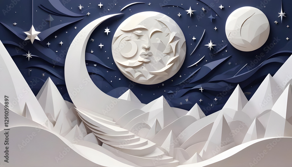 Poster paper art display featuring a moonlit night with intricate layers and textures in a tranquil celesti