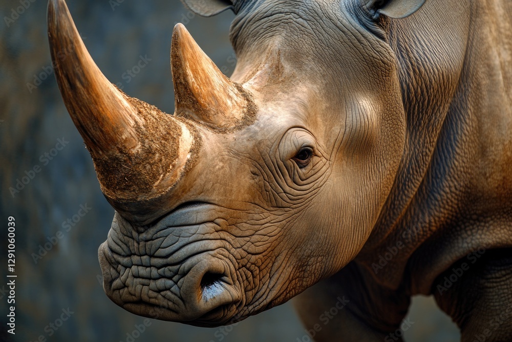 Poster close-up view of a rhino in its natural habitat at the zoo, great for use in educational or document