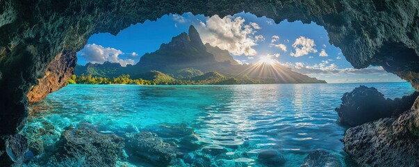 Tropical Ocean Landscape at Sunset: Explore Nature's Beautiful Seascape with Mountains and Serene Coastline