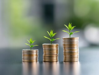 Stacks of Coins with Growing Plants, Financial Growth Concept