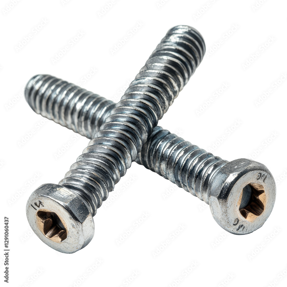 Poster three metal screws lying on a transparent background, showcasing detailed threading and design for m