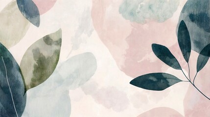 A modern abstract botanical illustration with soft pastel tones and watercolor-like textures. Features delicate leaves and organic shapes, creating a serene and elegant composition