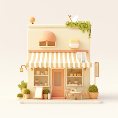 A cartoonish two story building with a cafe exterior