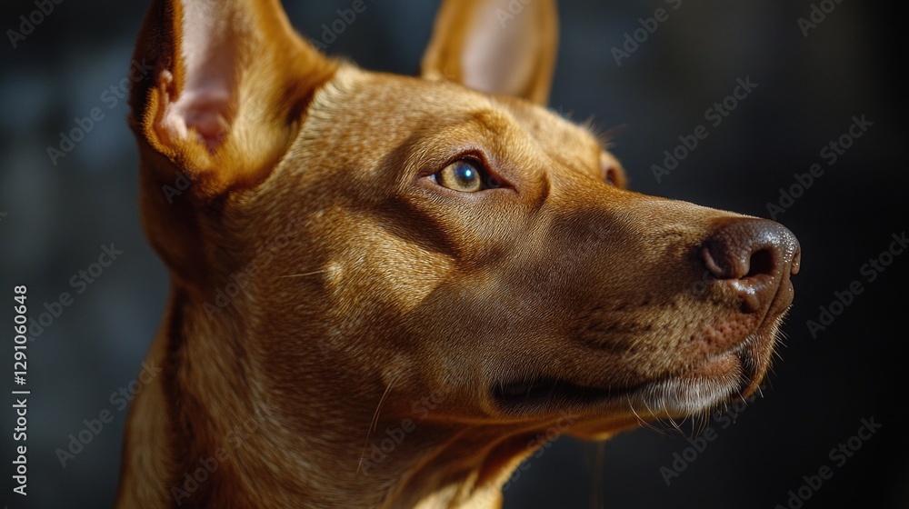 Poster a close-up view of a dog's face with a dark background, ideal for use in pet-related designs or as a